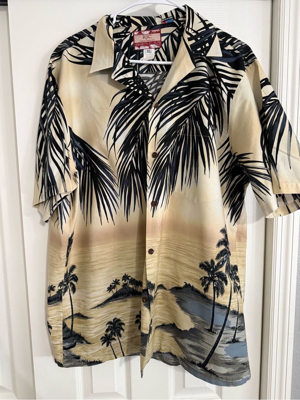 RJC Beige and Black Tropical Camp-Collar Button-Down Shirt